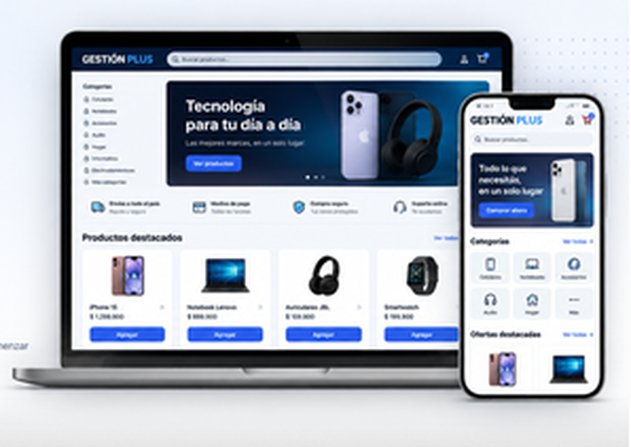 Vista de tienda online integrada con Gestión Plus en notebook
